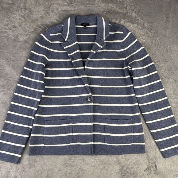 Talbots Blazer Womens Small Petite Blue White Striped Sweater Knit Nautical - Picture 1 of 10